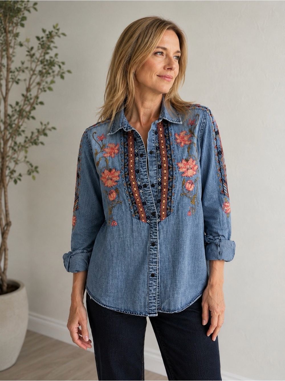 Driftwood embroidered denim tab sleeve button down